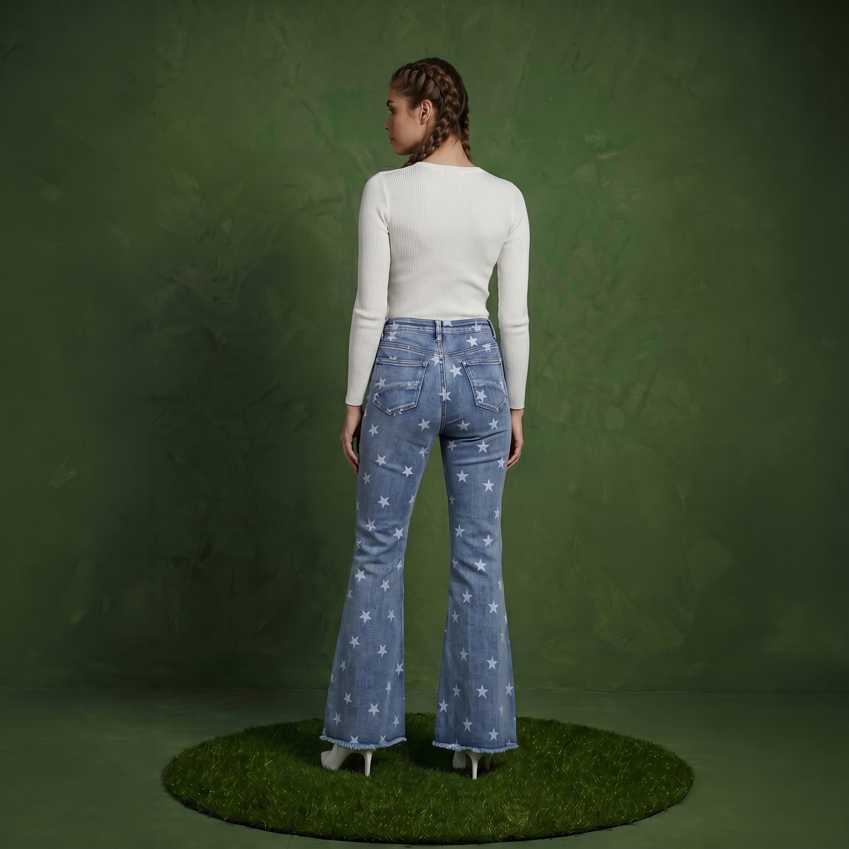 Floral Daisy Embroidered Mid Rise Bell Bottom Jeans