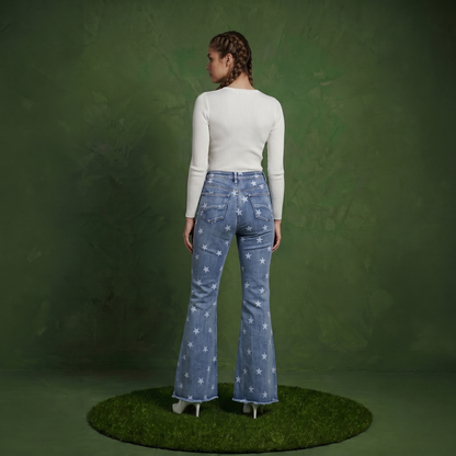Floral Daisy Embroidered Mid Rise Bell Bottom Jeans