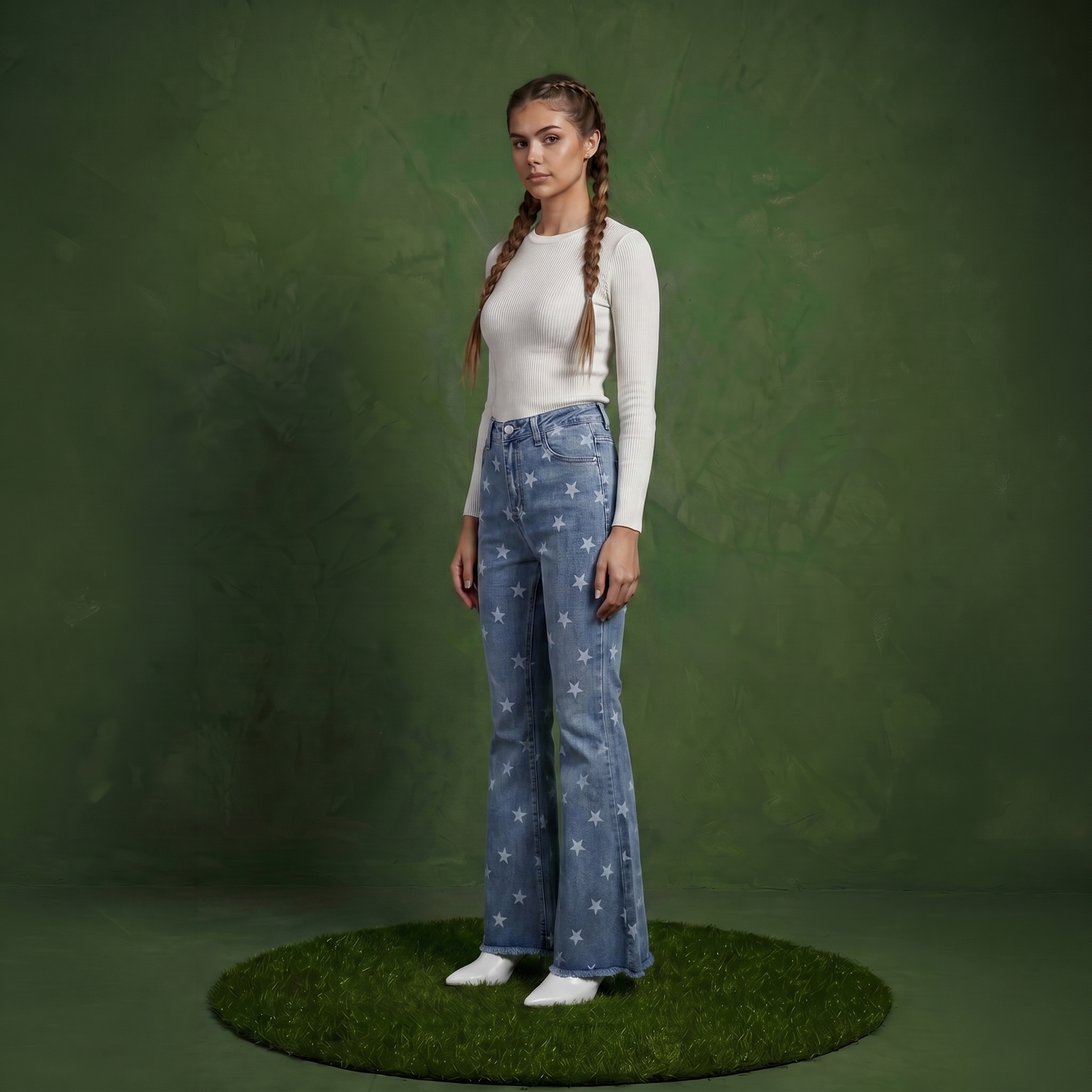 Floral Daisy Embroidered Mid Rise Bell Bottom Jeans