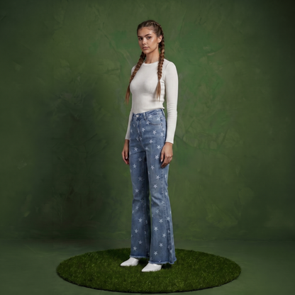 Floral Daisy Embroidered Mid Rise Bell Bottom Jeans
