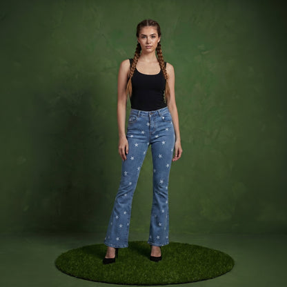 Floral Daisy Embroidered Mid Rise Bell Bottom Jeans