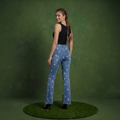 Floral Daisy Embroidered Mid Rise Bell Bottom Jeans