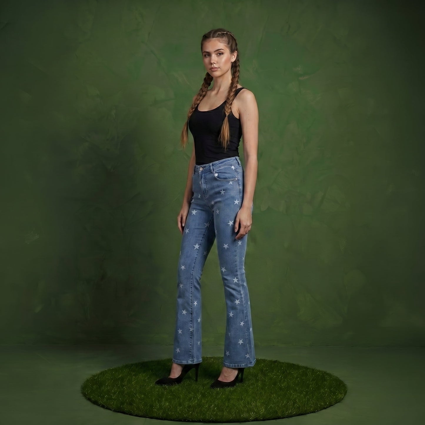 Floral Daisy Embroidered Mid Rise Bell Bottom Jeans