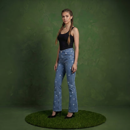 Floral Daisy Embroidered Mid Rise Bell Bottom Jeans