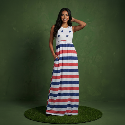 4th of July American Flag Dress Sleeveless Stars Stripes Summer Maxi Dress with Pockets