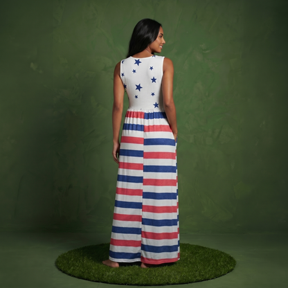 4th of July American Flag Dress Sleeveless Stars Stripes Summer Maxi Dress with Pockets