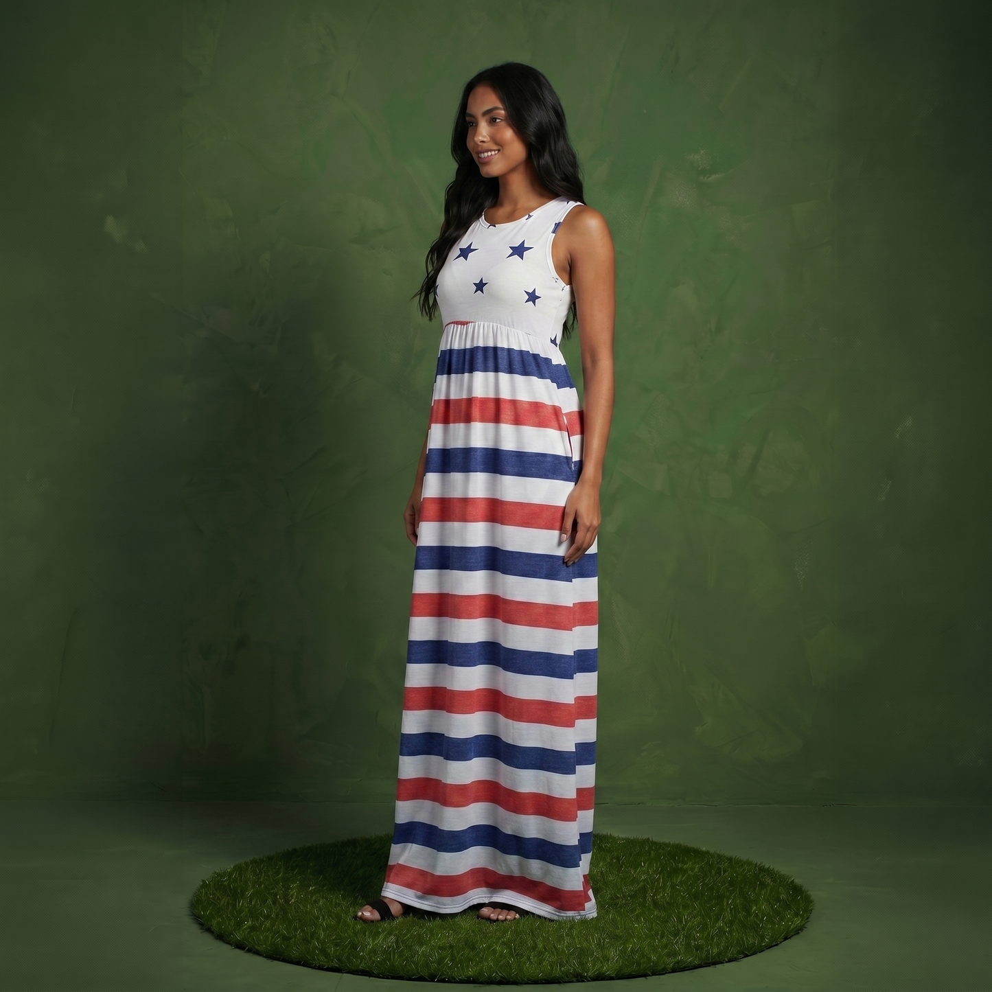 4th of July American Flag Dress Sleeveless Stars Stripes Summer Maxi Dress with Pockets
