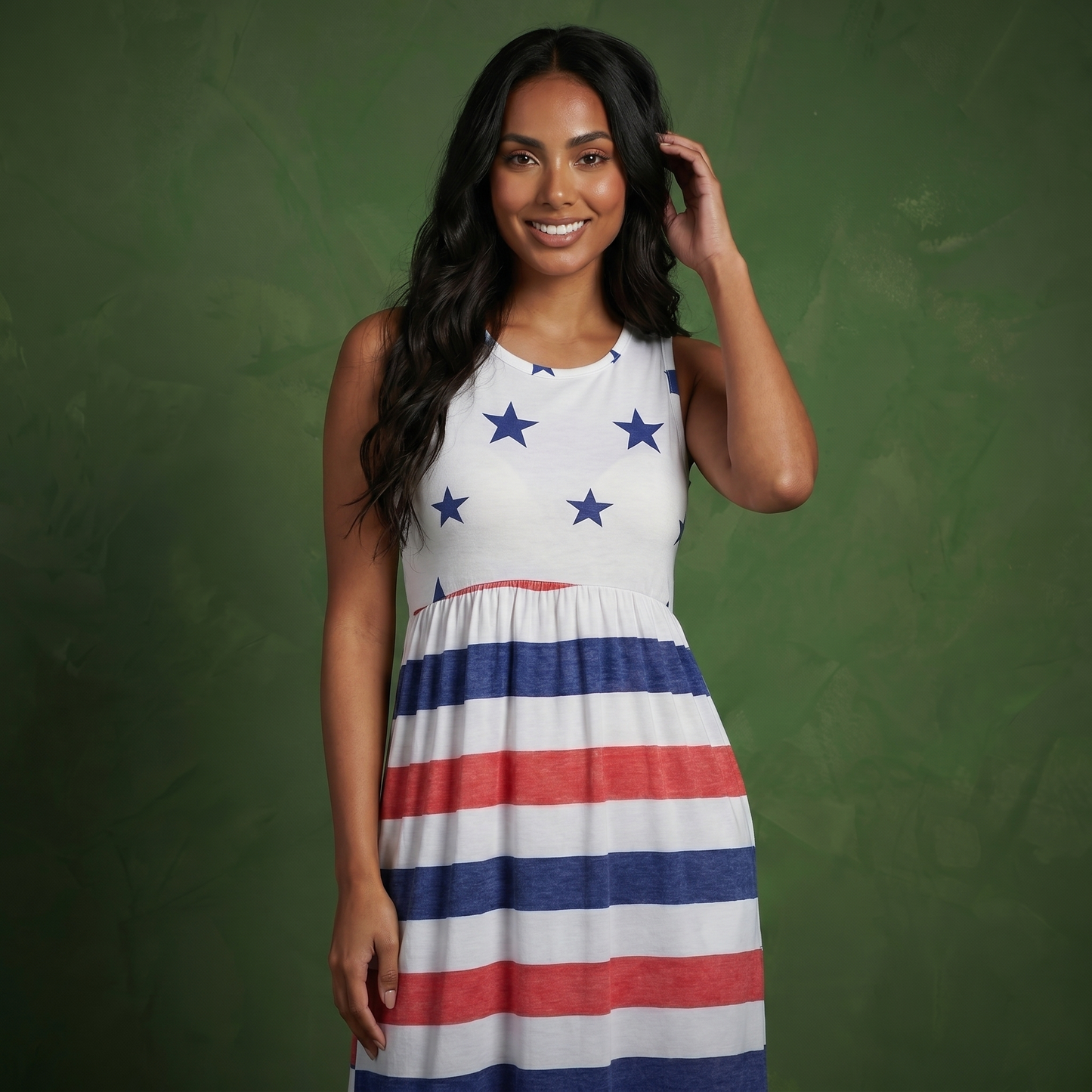 4th of July American Flag Dress Sleeveless Stars Stripes Summer Maxi Dress with Pockets