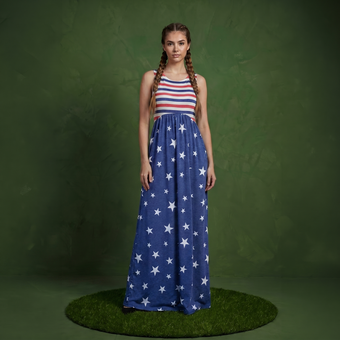 4th of July American Flag Dress Sleeveless Stars Stripes Summer Maxi Dress with Pockets