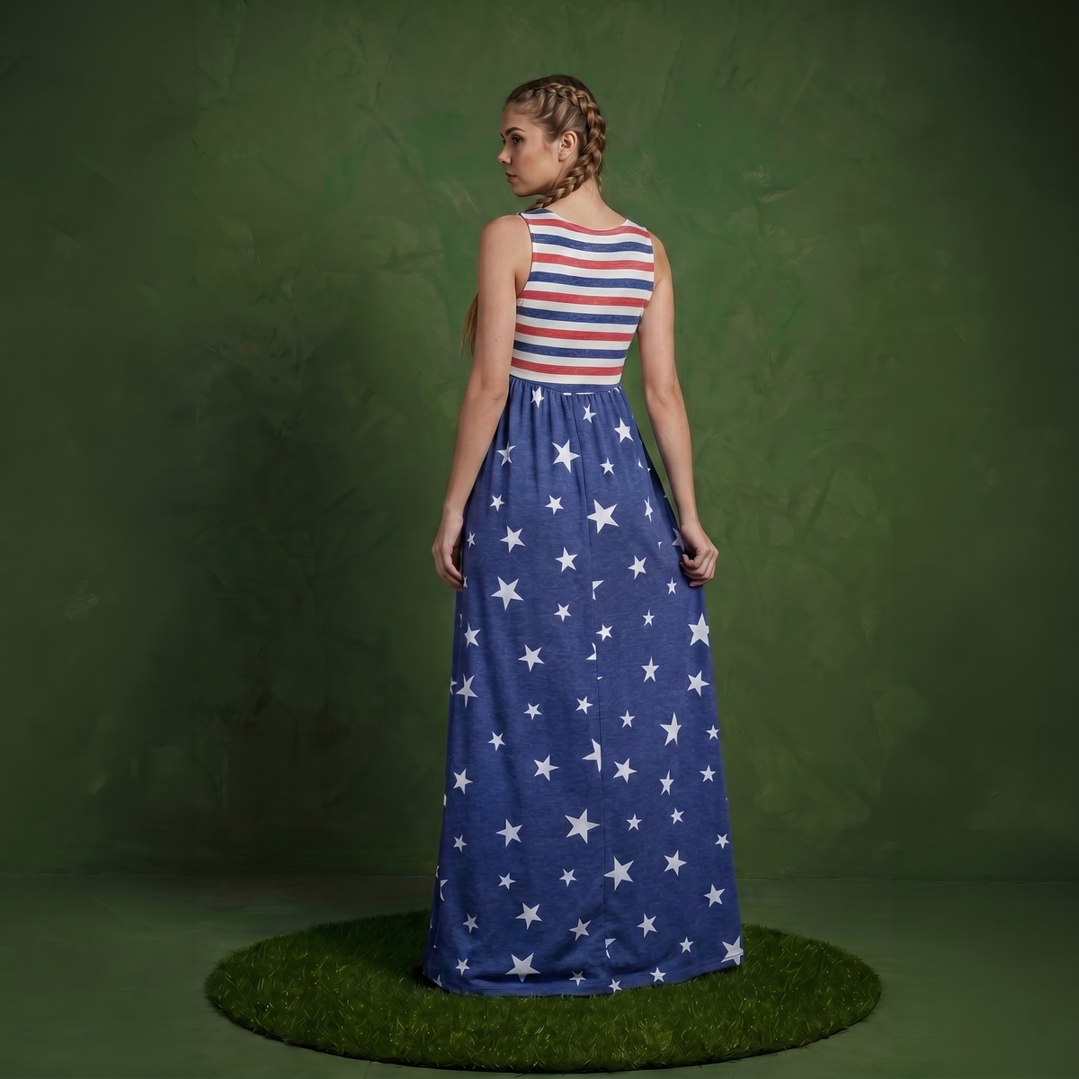 4th of July American Flag Dress Sleeveless Stars Stripes Summer Maxi Dress with Pockets