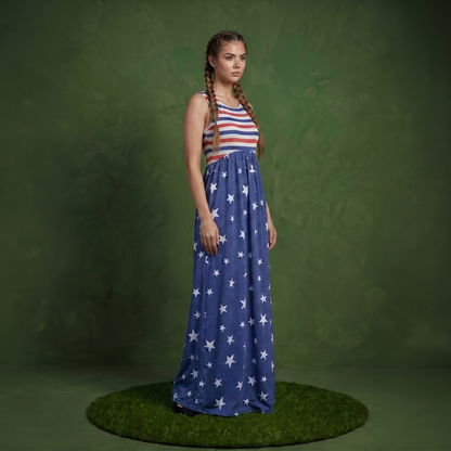 4th of July American Flag Dress Sleeveless Stars Stripes Summer Maxi Dress with Pockets