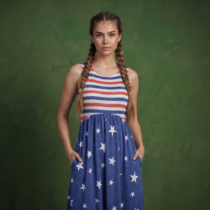 4th of July American Flag Dress Sleeveless Stars Stripes Summer Maxi Dress with Pockets