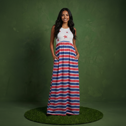 4th of July American Flag Dress Sleeveless Stars Stripes Summer Maxi Dress with Pockets