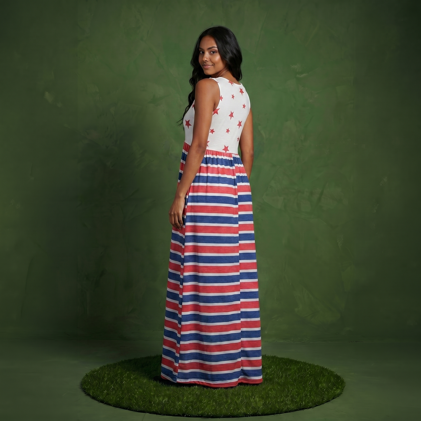4th of July American Flag Dress Sleeveless Stars Stripes Summer Maxi Dress with Pockets