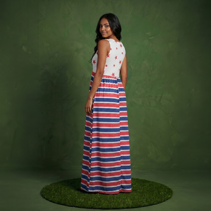 4th of July American Flag Dress Sleeveless Stars Stripes Summer Maxi Dress with Pockets