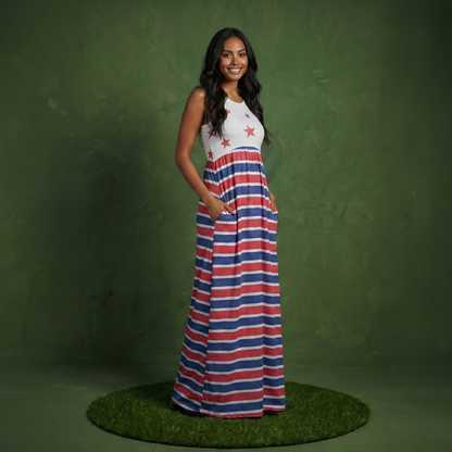 4th of July American Flag Dress Sleeveless Stars Stripes Summer Maxi Dress with Pockets