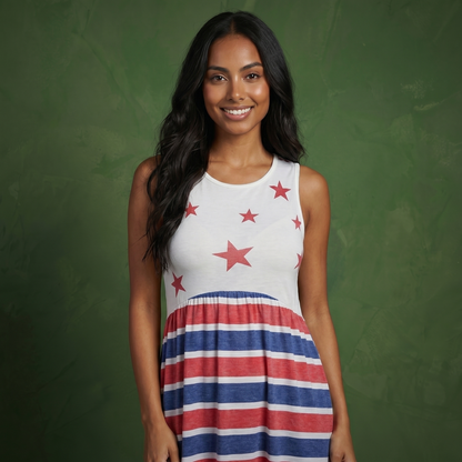 4th of July American Flag Dress Sleeveless Stars Stripes Summer Maxi Dress with Pockets