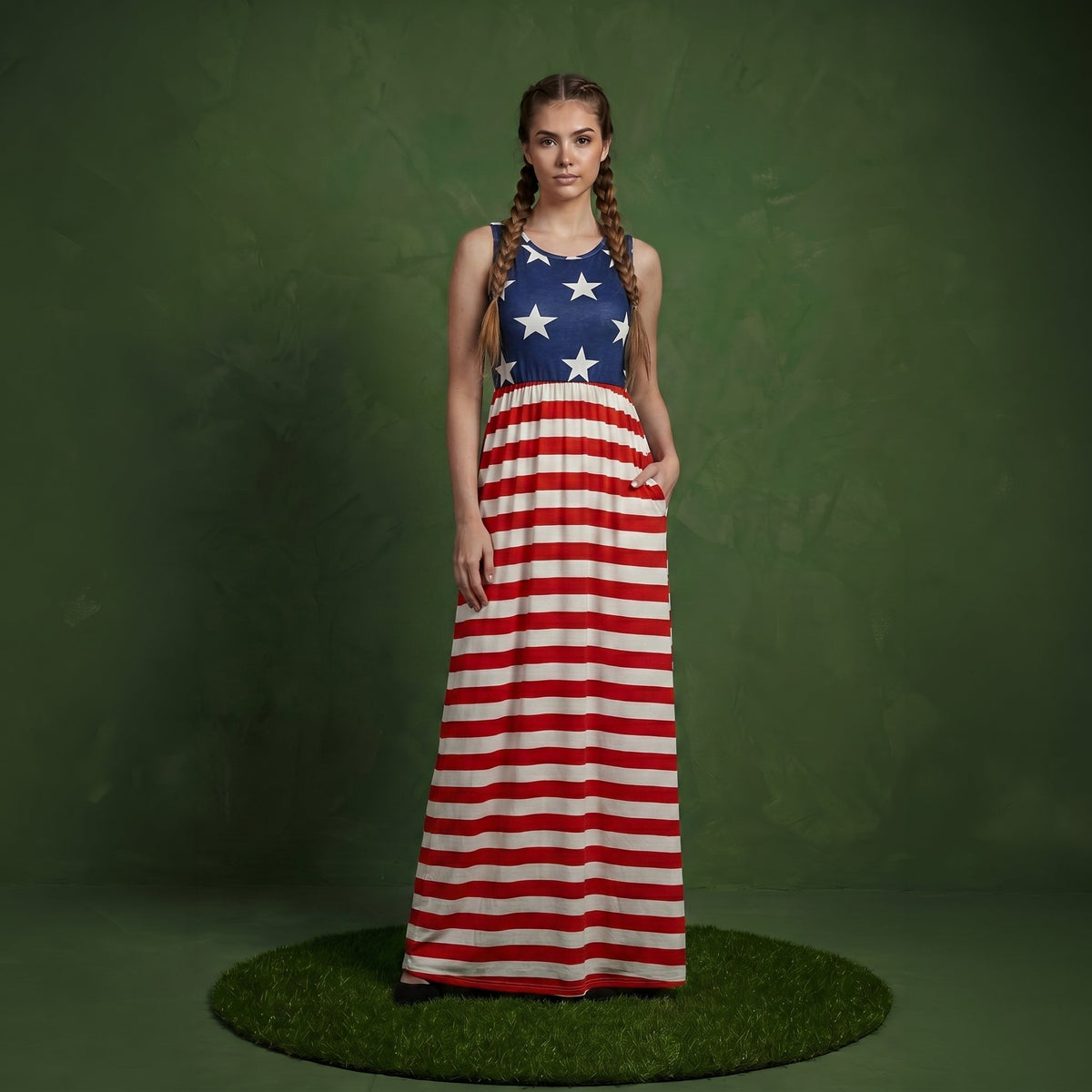 4th of July American Flag Dress Sleeveless Stars Stripes Summer Maxi Dress with Pockets