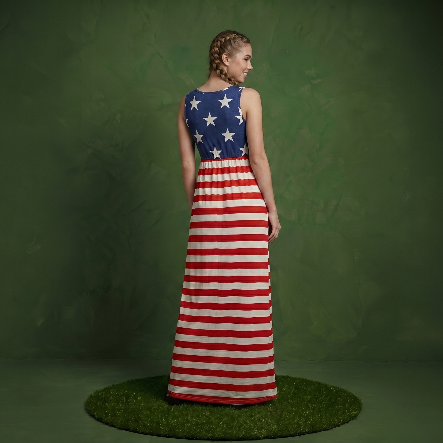 4th of July American Flag Dress Sleeveless Stars Stripes Summer Maxi Dress with Pockets