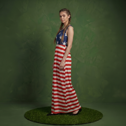 4th of July American Flag Dress Sleeveless Stars Stripes Summer Maxi Dress with Pockets