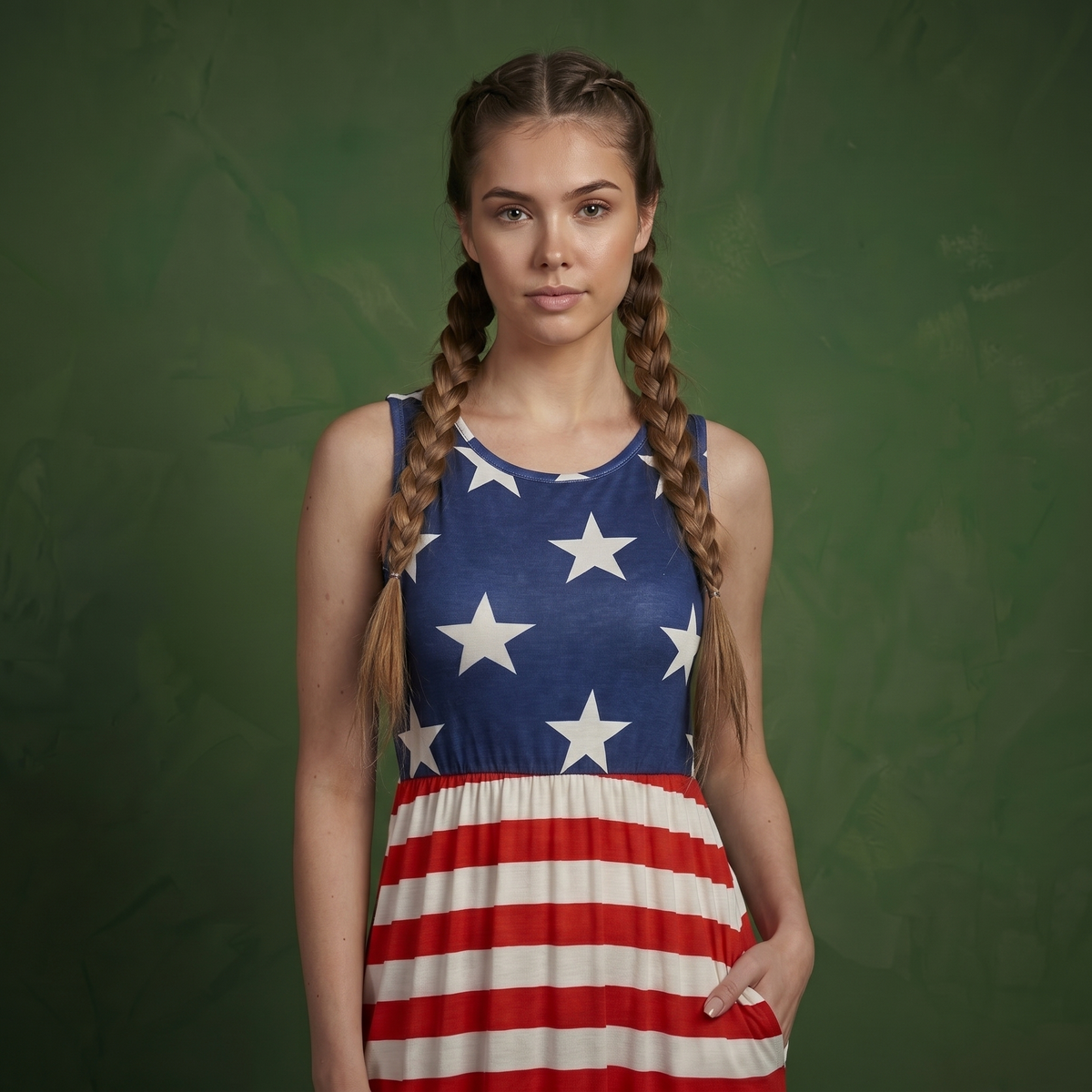 4th of July American Flag Dress Sleeveless Stars Stripes Summer Maxi Dress with Pockets