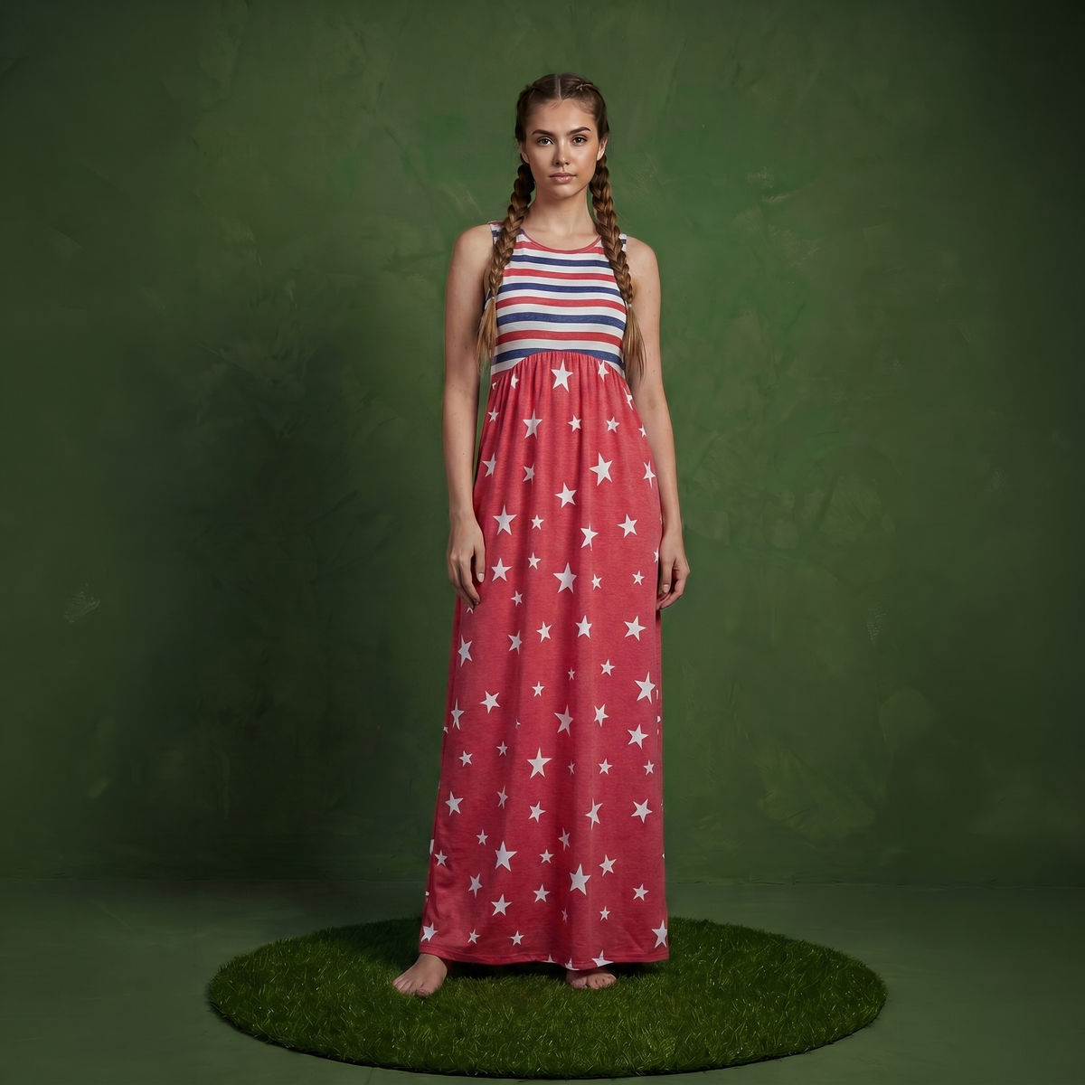 4th of July American Flag Dress Sleeveless Stars Stripes Summer Maxi Dress with Pockets