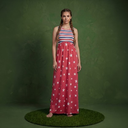 4th of July American Flag Dress Sleeveless Stars Stripes Summer Maxi Dress with Pockets