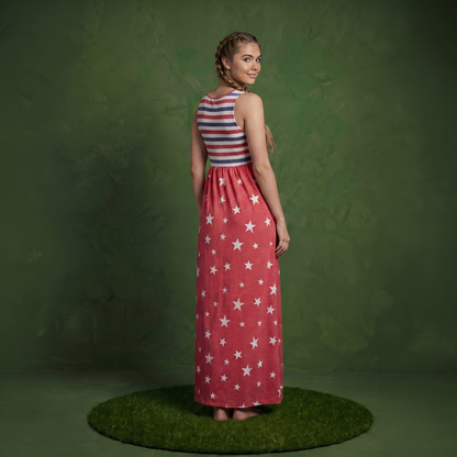4th of July American Flag Dress Sleeveless Stars Stripes Summer Maxi Dress with Pockets