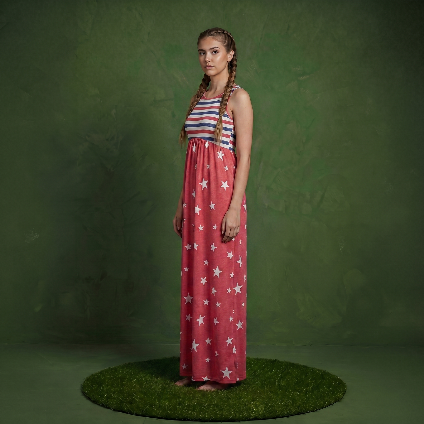 4th of July American Flag Dress Sleeveless Stars Stripes Summer Maxi Dress with Pockets