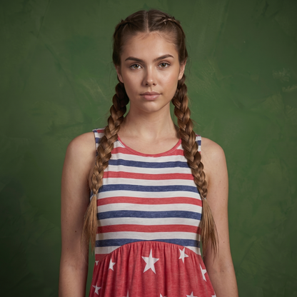 4th of July American Flag Dress Sleeveless Stars Stripes Summer Maxi Dress with Pockets
