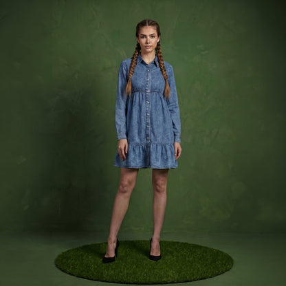 Button-Down Tiered Denim Shirt Dress