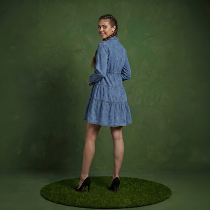 Button-Down Tiered Denim Shirt Dress
