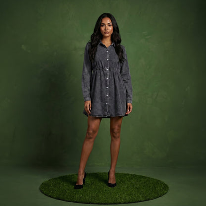 Button-Down Tiered Denim Shirt Dress