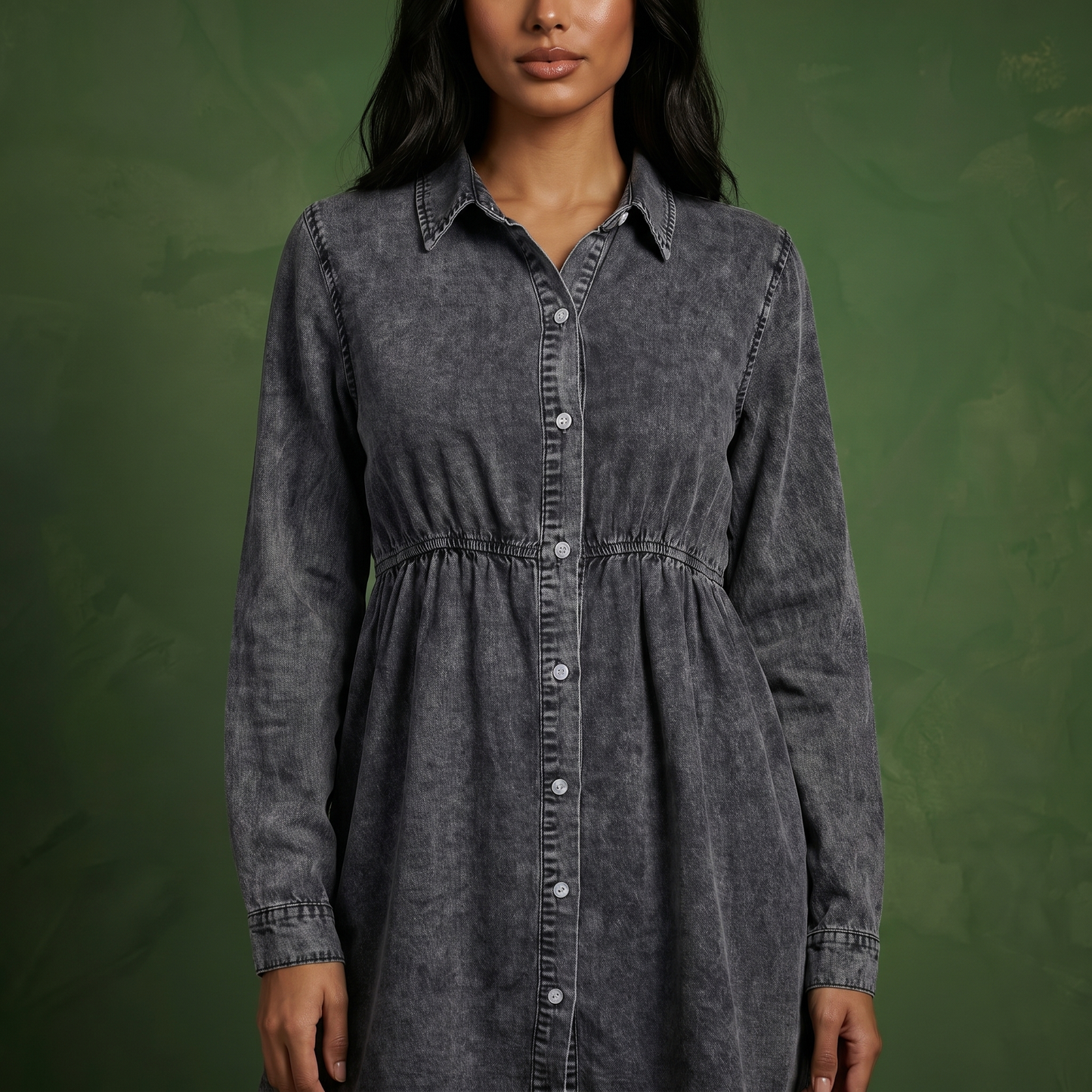 Button-Down Tiered Denim Shirt Dress