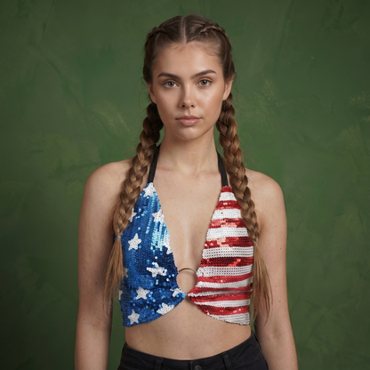 Anna-Kaci American Flag Sequin Shirt Women 4th of July Patriotic Shirt Stars Stripes Top Tees