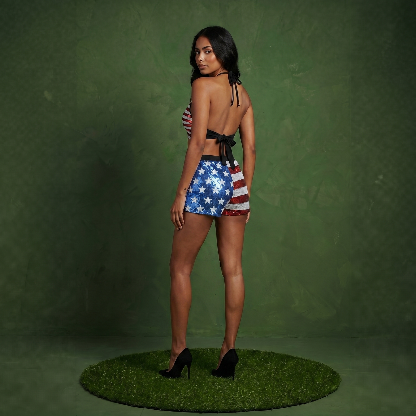 Anna-Kaci Womens 2 Piece July 4th Bikini Set USA Flag Sparkly Sequin Halter Top Shorts Sets