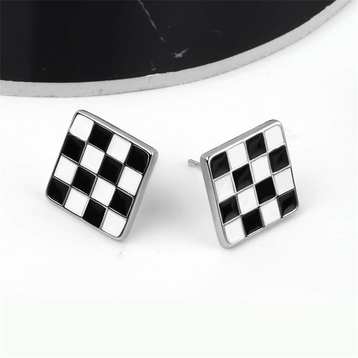 Black & White Plaid Square Stud Earrings