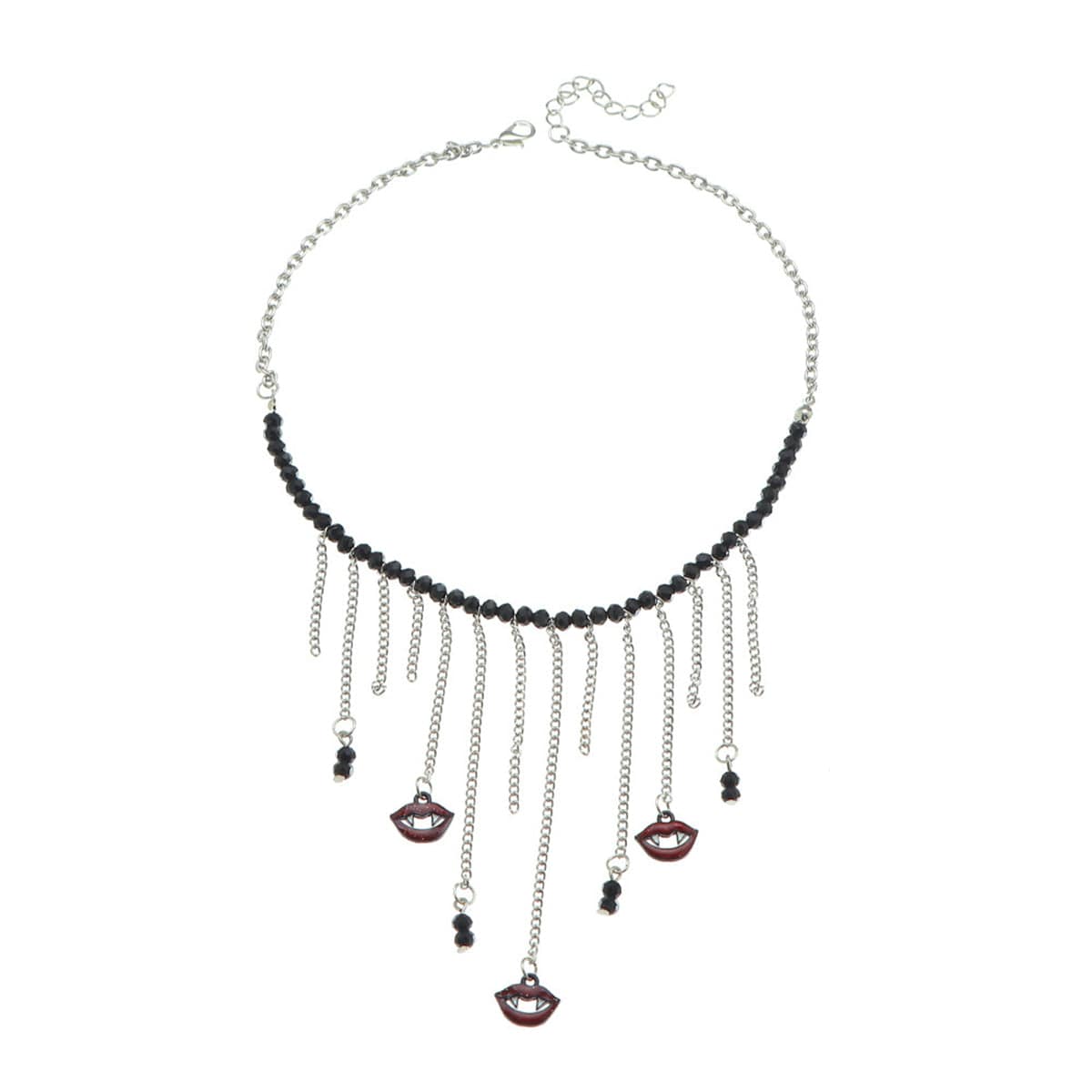 Black Acrylic & Silvertone Vampire Tassel Choker Necklace