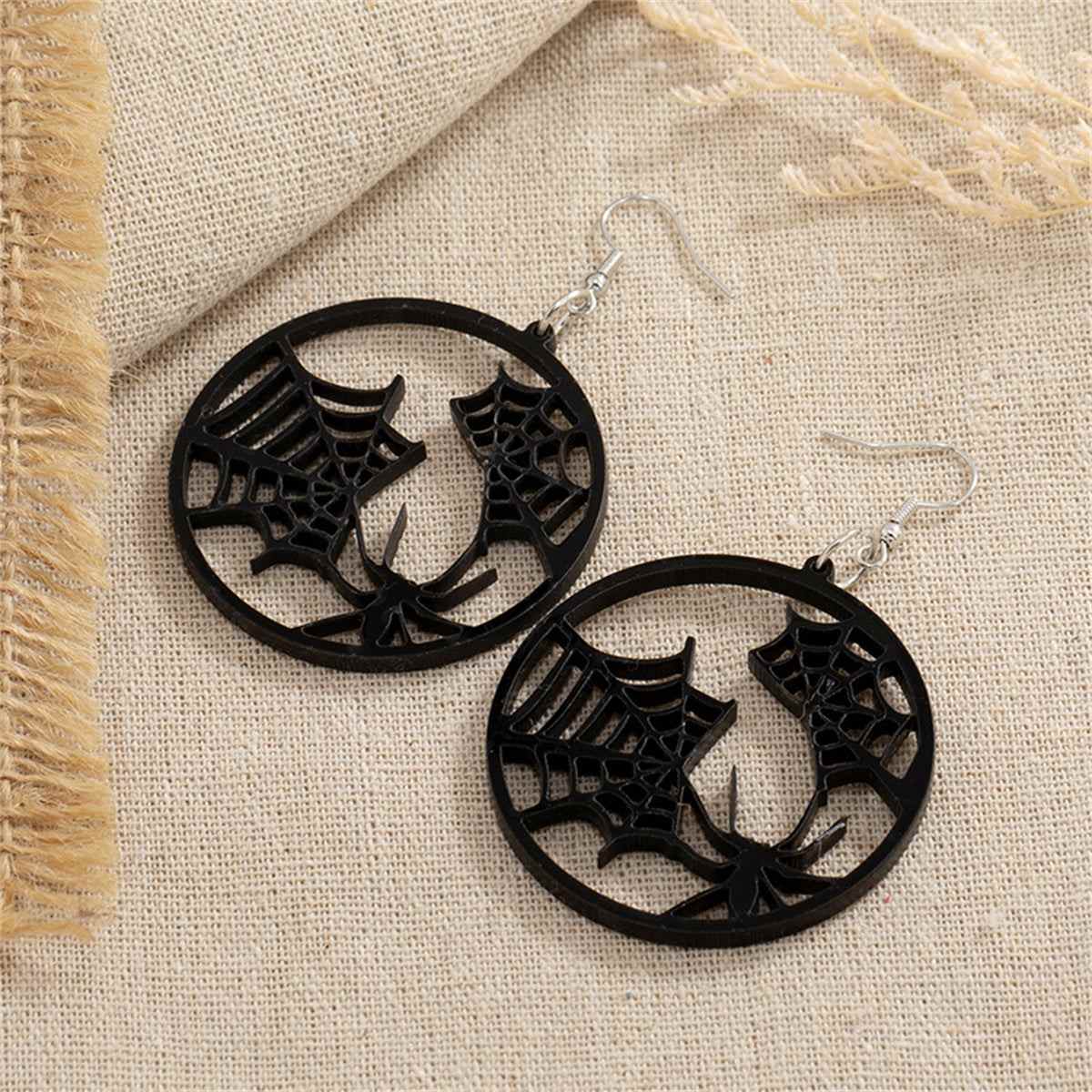 Black Acrylic & Silvertone Spider Web Round Drop Earrings