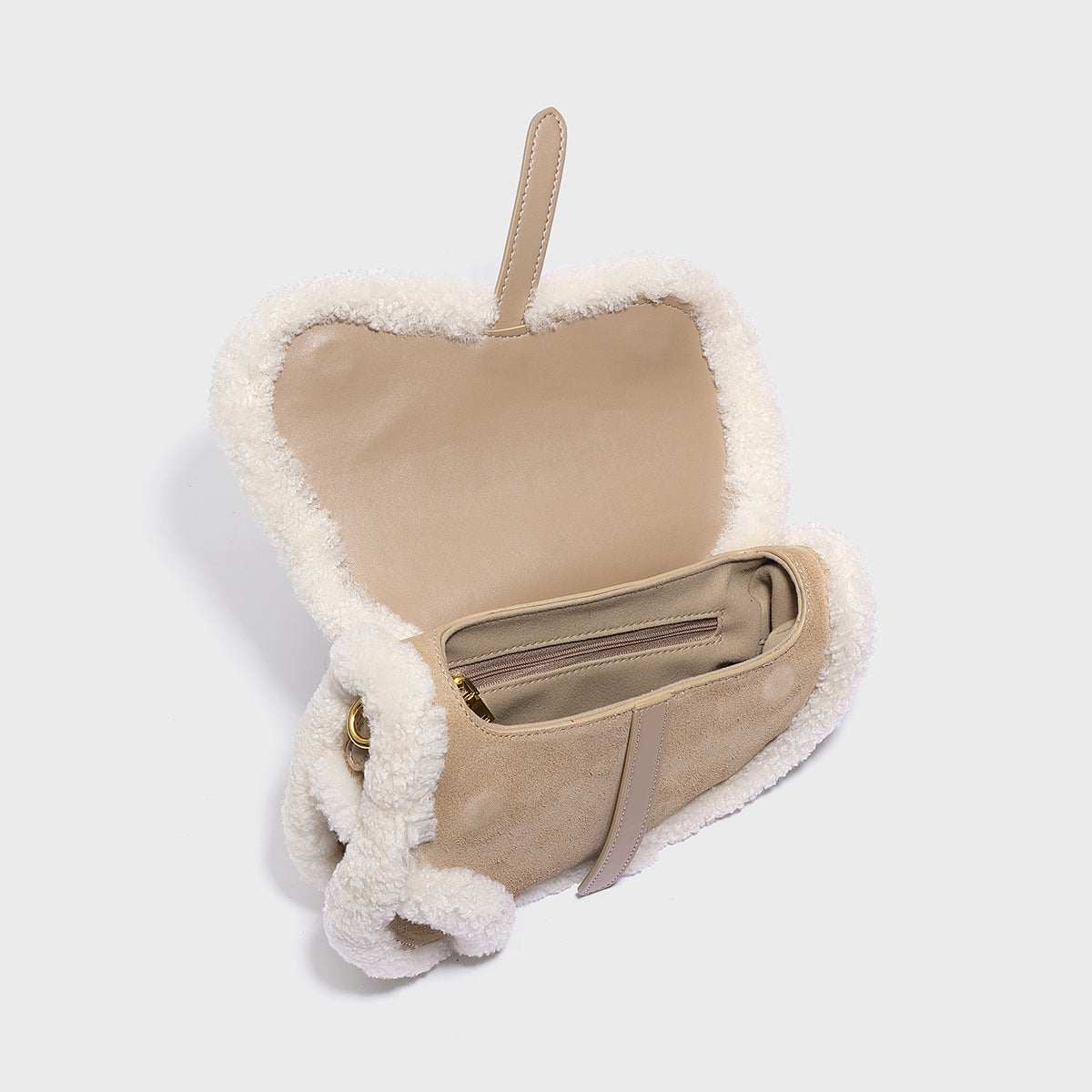 Apricot Beige Furry Saddle Shoulder Bag