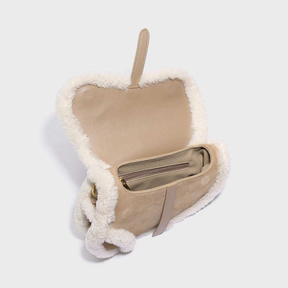 Apricot Beige Furry Saddle Shoulder Bag