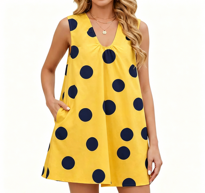 Sleeveless Polka Dot V Neck Shift Mini Dress