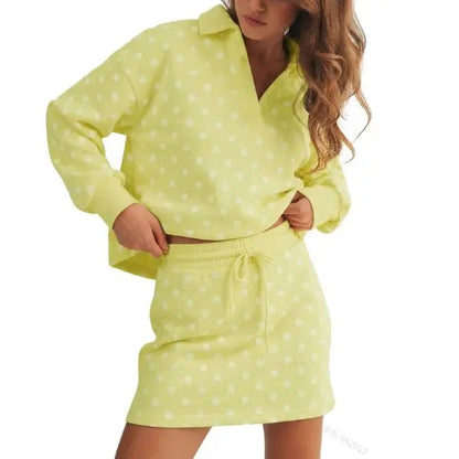 Polka Dot Polo Collar Top Drawstring Mini Skirt Two Piece Set