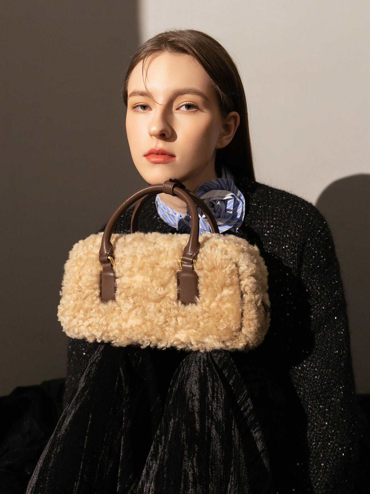 Beige Sherpa Fur Trimmed Elongated Top Handle Bag