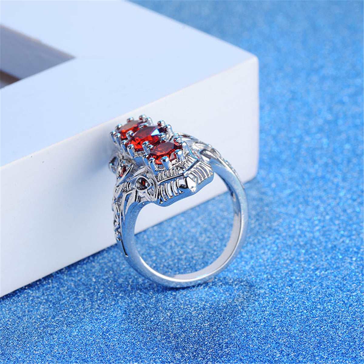 Cubic Zirconia & Red Crystal Shield Ring