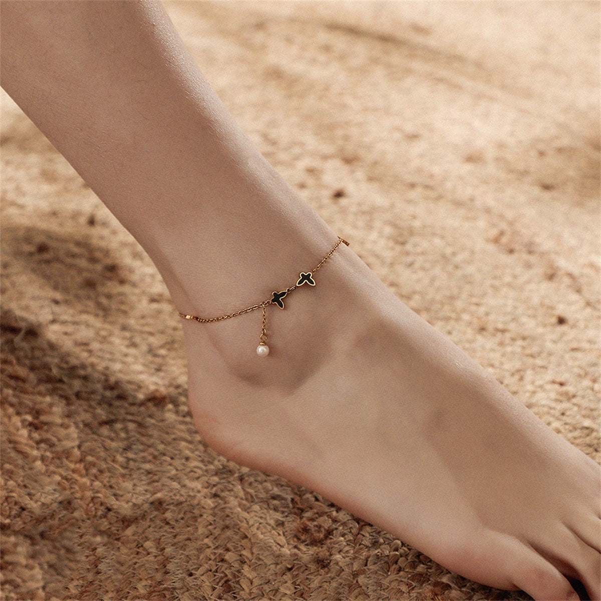Black Acrylic & Pearl Goldtone Butterfly Anklet