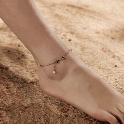 Black Acrylic & Pearl Goldtone Butterfly Anklet