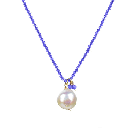 18K Plated Sterling Silver Freshwater Pearl and Natural Tanzanite Necklace