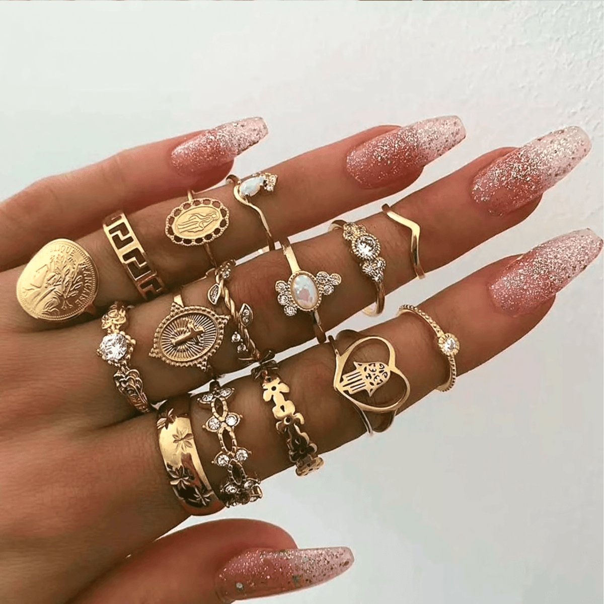 Goldtone Crystal Midi Ring Set With Hamsa - set of 15