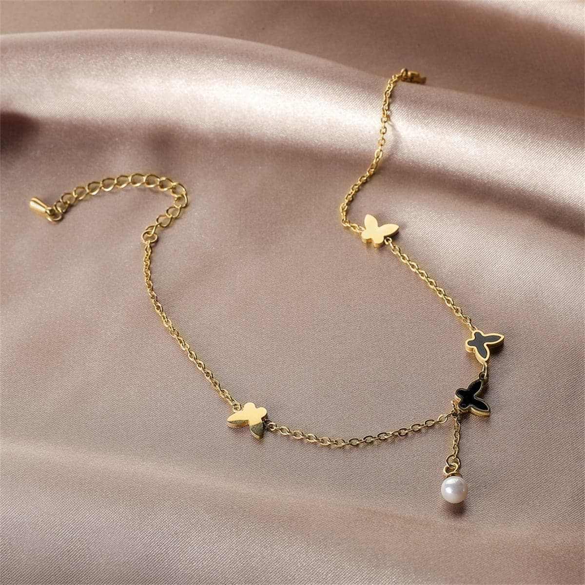 Black Acrylic & Pearl Goldtone Butterfly Anklet